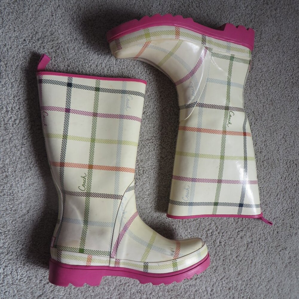 Coach Paisley Plaid Multi Rain Mud Boots Women Size 7 Beige/Pink #A7107